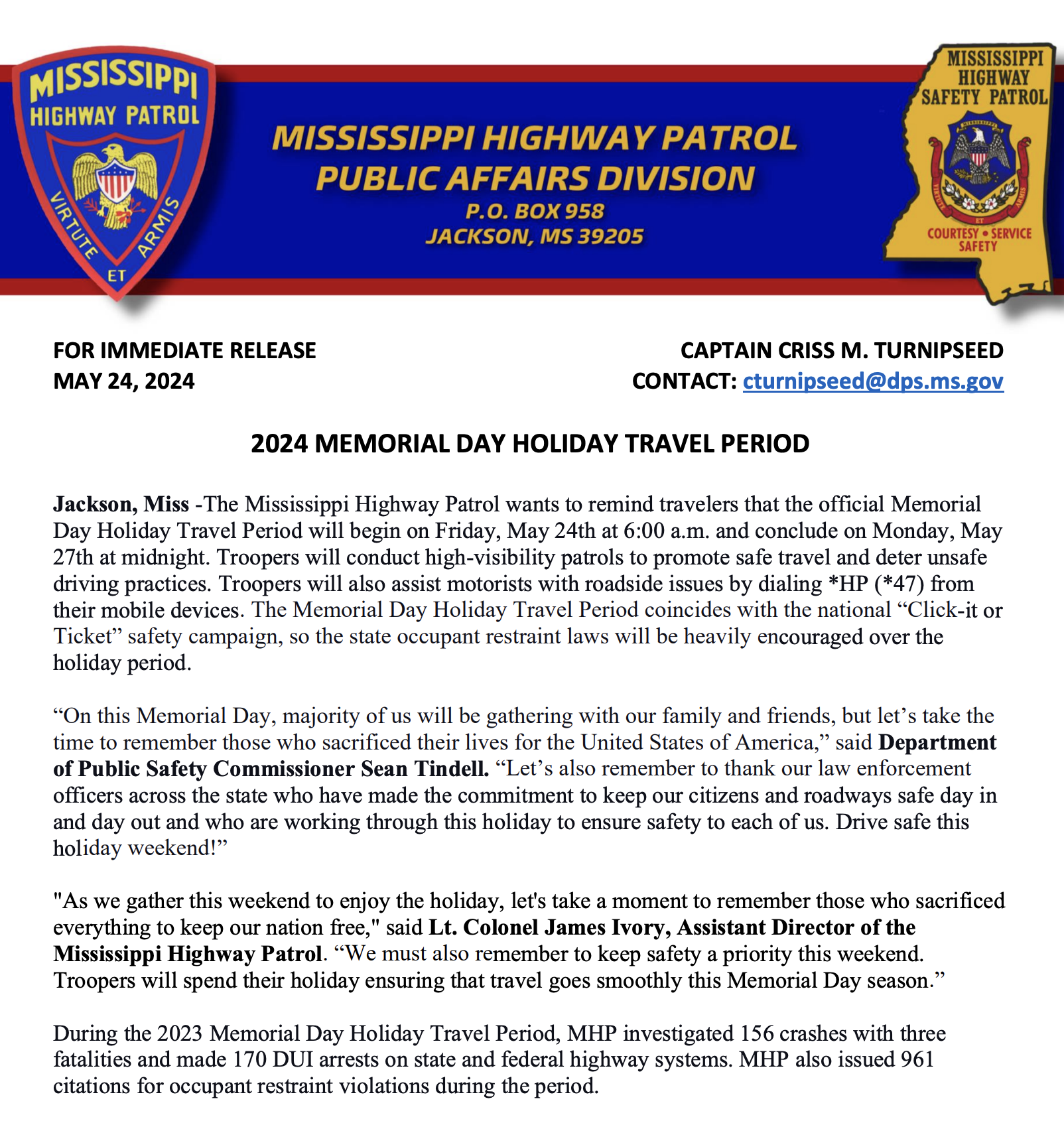 MPH Reminds Travelers the Official Memorial Day Travel Period Begins Friday